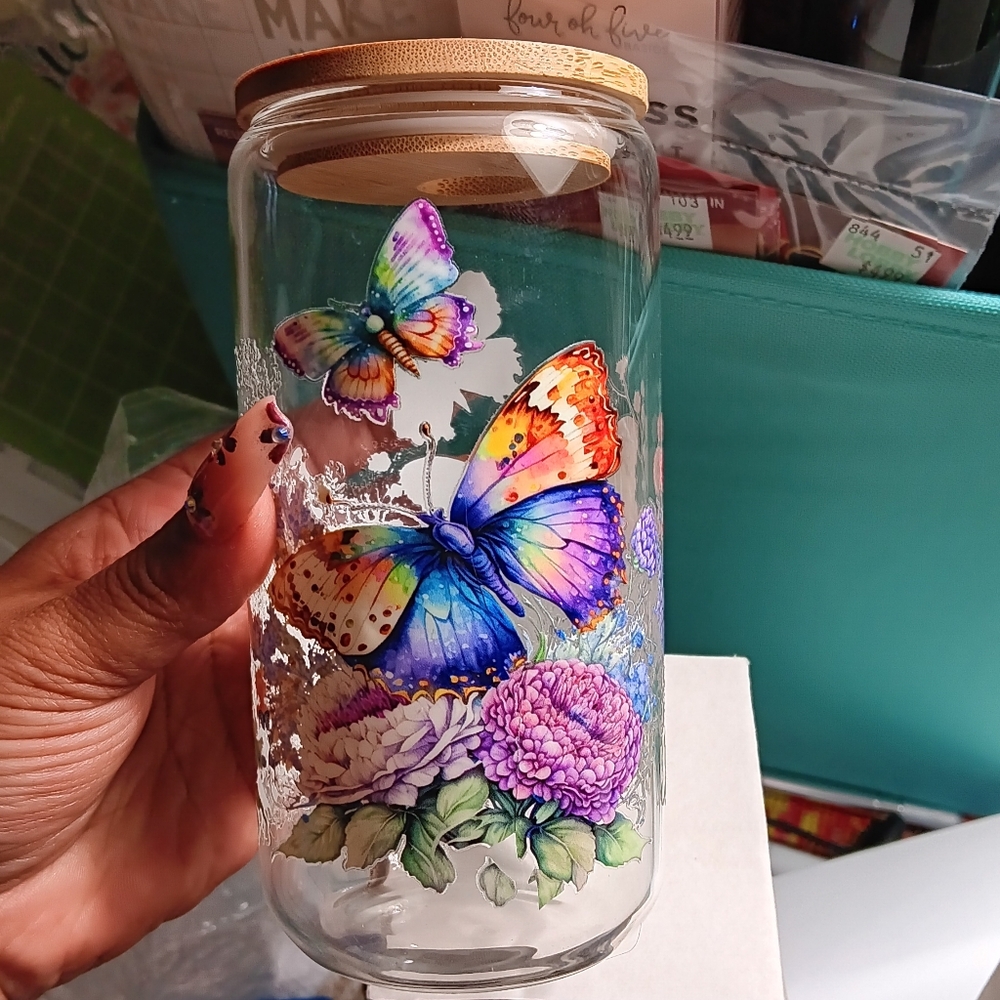 16 oz glassware with a beautiful butterfly vinyl decal